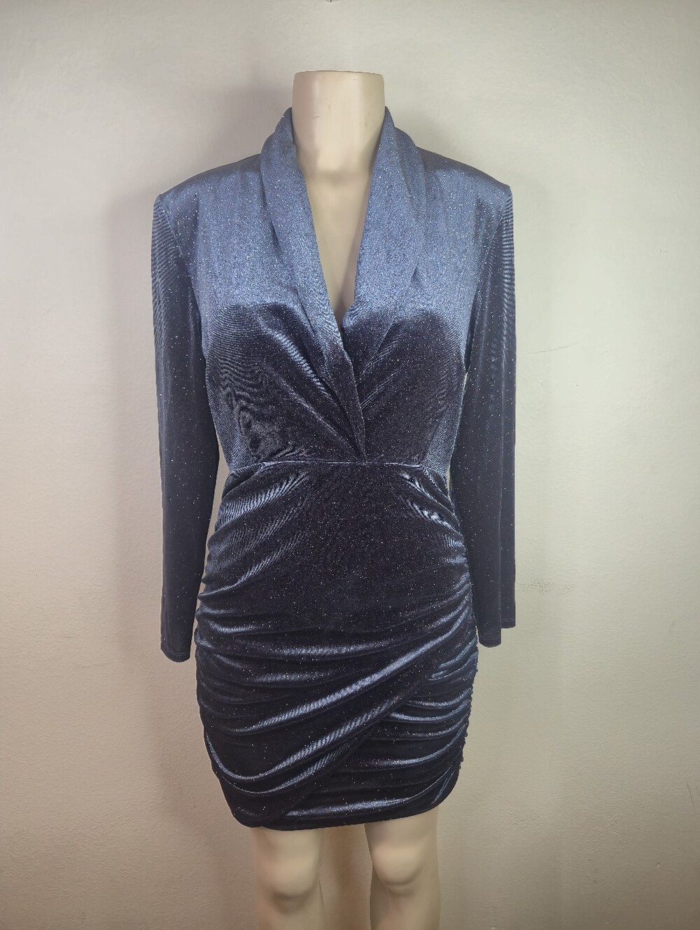 Zara Shimmer Velvet Wrap-Style Long Sleeve Dress in Dusty Blue